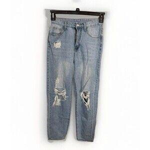 Shein Size 4 Light Wash Distressed Wide Leg Jeans 90s Mom Denim‎